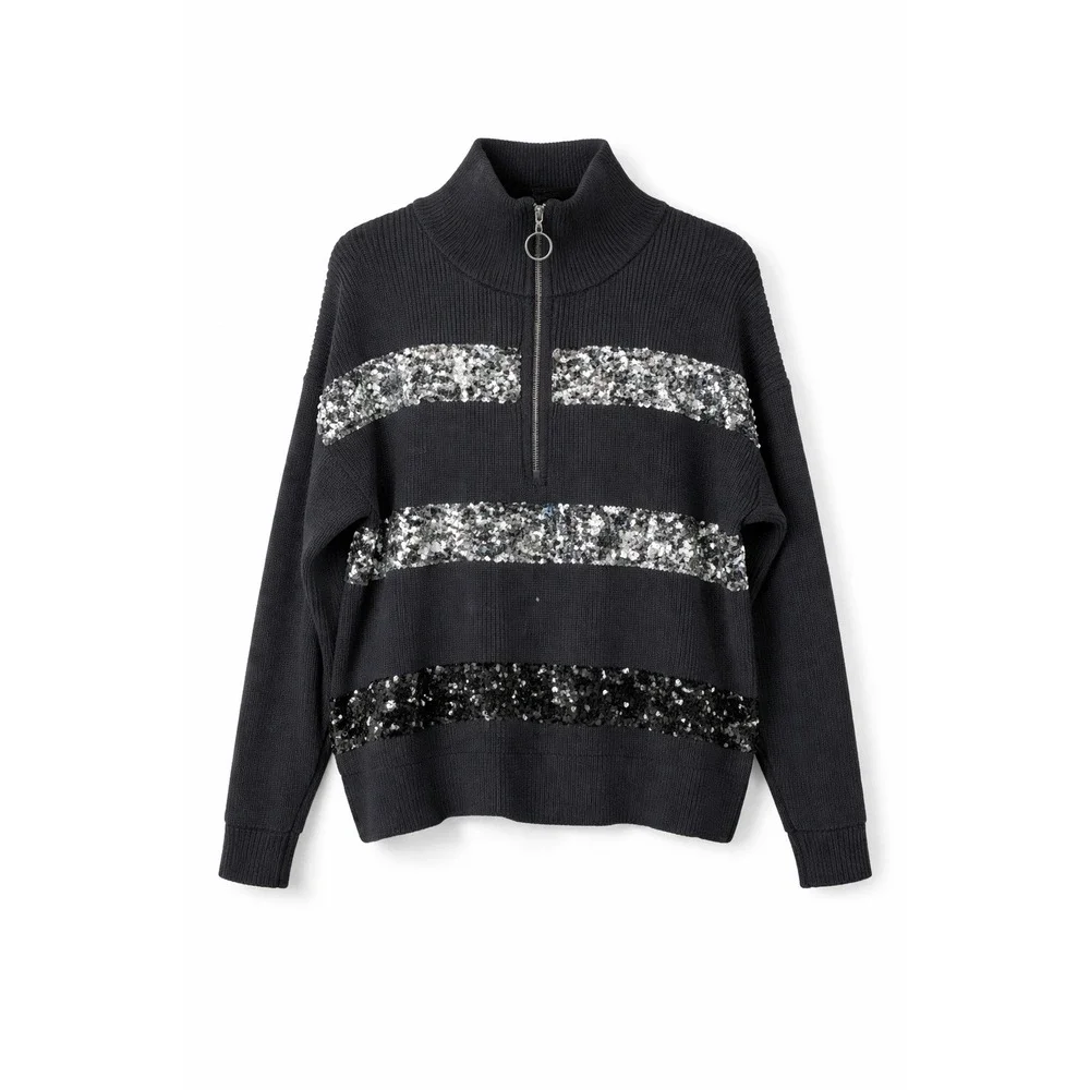 Nine West MEDIUM Sequin Stripe Half‎ Zip Sweater Black Ribbed Knit Classic